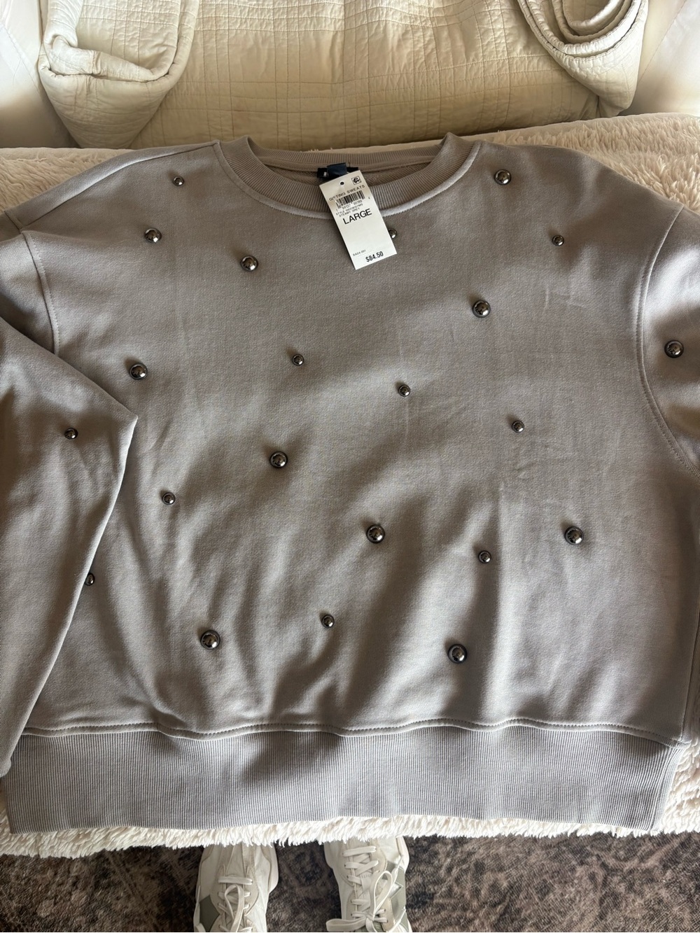 INC International Concepts Gray Beaded Crewneck Sweat shirt
